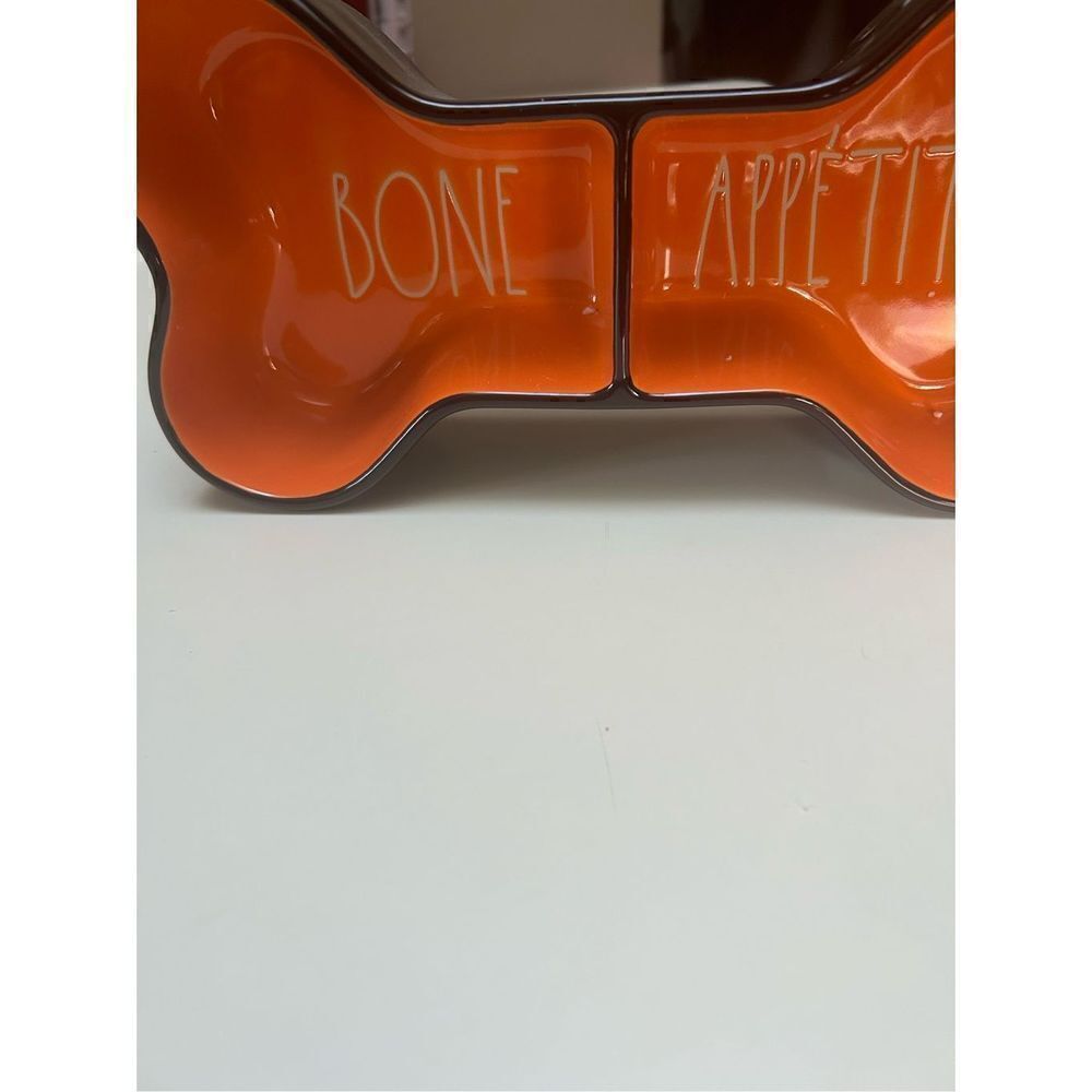 Rae Dunn Ceramic Bone Shaped "Bone Appetit” Pet Bowl Orange Black NEW